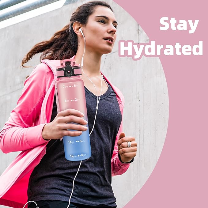 OLDLEY 32 oz Water Bottle, Motivational Water Bottle with Time Marker, Sports Water Bottle With Strap, Leakproof & BPA Free Large Water Bottles for School, Gym, Travel, Outdoor, Tritan,Pink&Blue