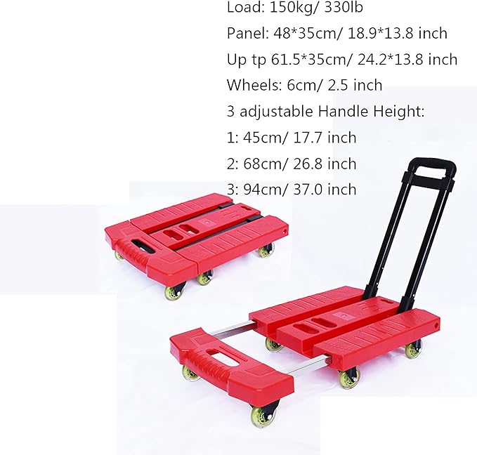 Foldable Hand Truck with 6 Wheels Extendable Handle 330 lbs Capacity - Compact Cart for Home Office Travel Luggage Moving and Heavy-Duty Use.