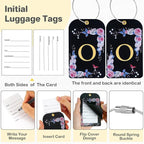 3 Pack Luxury Floral Luggage Tags, Durable PU Leather Suitcase Tags with Stainless Steel Cable Strap, Hidden ID Slot for Privacy Protection, Easy to Identify Waterproof Travel Accessories Gift (O)