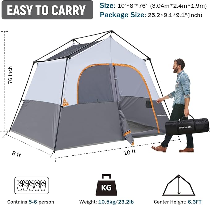 HIKERGARDEN 6-8 Person Camping Tent - Portable Family Cabin Tent for Camp, Windproof Fabric Camp Tent Outdoor for Hiking, Backpacking, Traveling