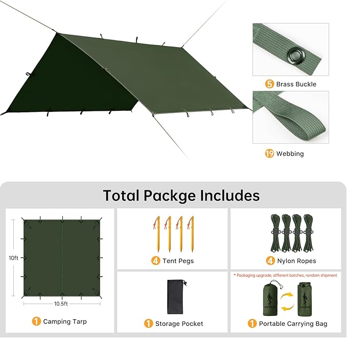 FREE SOLDIER Camping Tarp Waterproof Portable Multifunctional Outdoor Camping Traveling Awning Backpacking Shelter Rain Tarp (Dark Green 10×10.5ft)