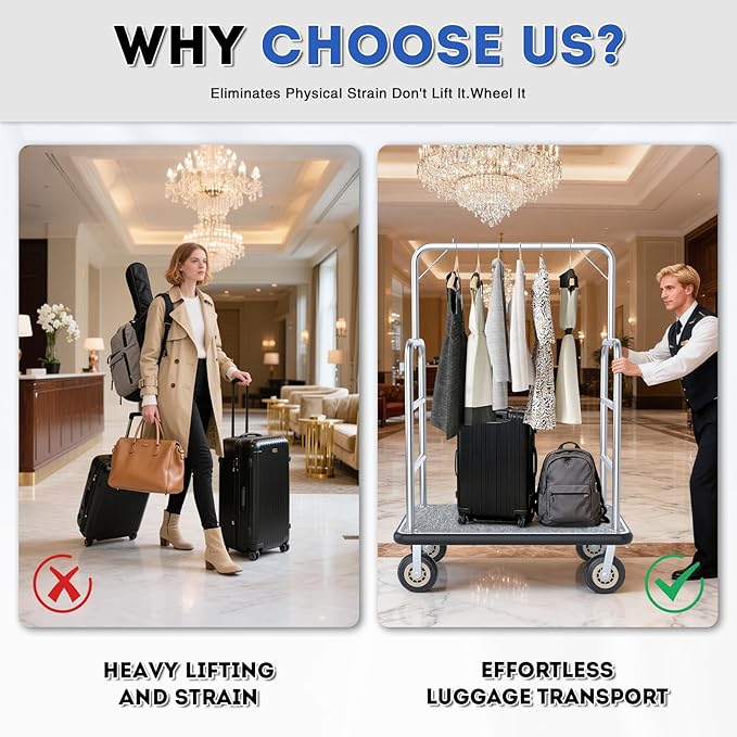 Hotel Luggage Cart Commercial Grade Brushed Stainless Steel, 900LBS Heavy Duty Bellman's Cart with 8" Rubber Wheels & Grey Carpeted Deck Luggage Trolley for Hotels Resorts (Silver, 42"× 26" × 70'')