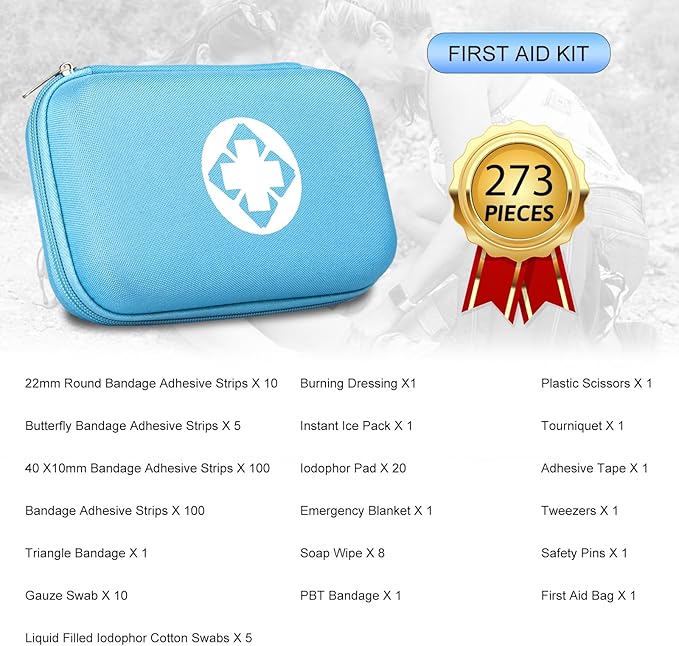 Car-Home Survival First-Aid Kit Emergency-Kit - Blue 273Piece Equipment Travel Supplies First Aid Set Home Essentials Camping Hiking YIDERBO