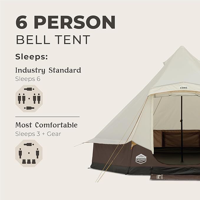 CORE 6 Person Bell Tent with LED Lights | Spacious Family Lighted Tent with Carry Bag for Camping, Glamping, and Backyard Adventures