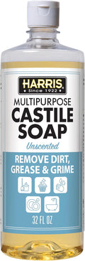 HARRIS Multi-Purpose Pure Liquid Castile Soap for Home Cleaning, Multi-Purpose Cleaner, For Dish Soap, Laundry Detergent, Kitchen and Bathroom Surfaces, Kids Rooms, Unscented, 32 Oz