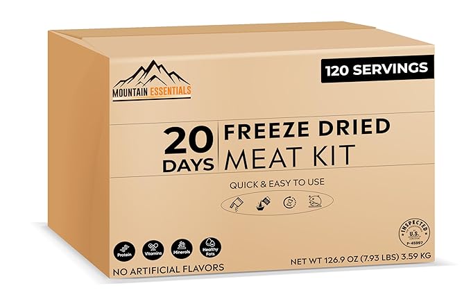 MOUNTAIN ESSENTIALS 120 Servings Freeze Dried Premium Variety Fully Cooked Meat Kit | High Protein Intake Contains 2988 Protein Ready to Eat Emergency Survival Easy Prep Food For Camping & Backpacking