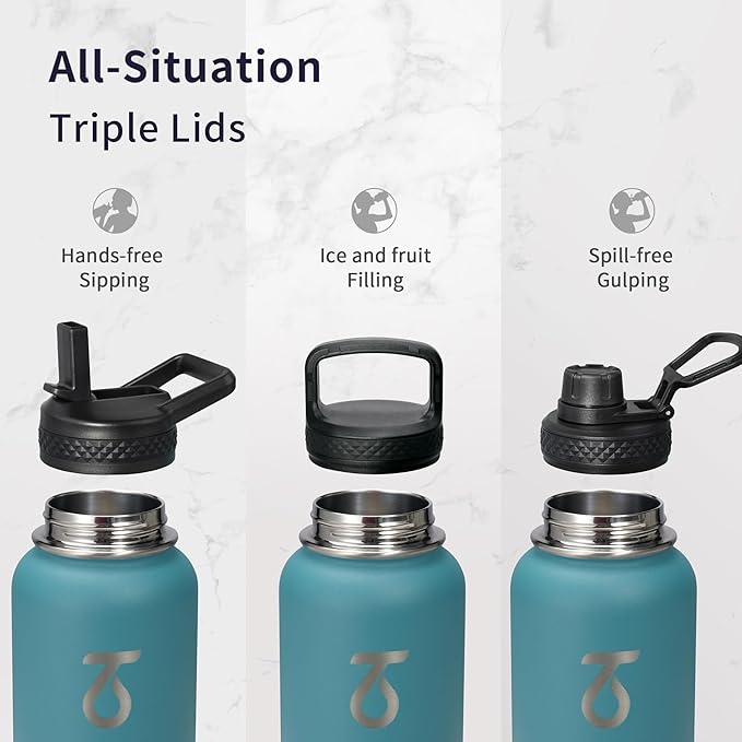 Trebo 32 oz Water Bottle Insulated with Paracord Handle and Straw, Vacuum Double Wall Stainless Steel Water Jug Keep Cold 48 Hours, Water Flask with 3 Lids for Men women Sports Travel gift, Cyan Blue