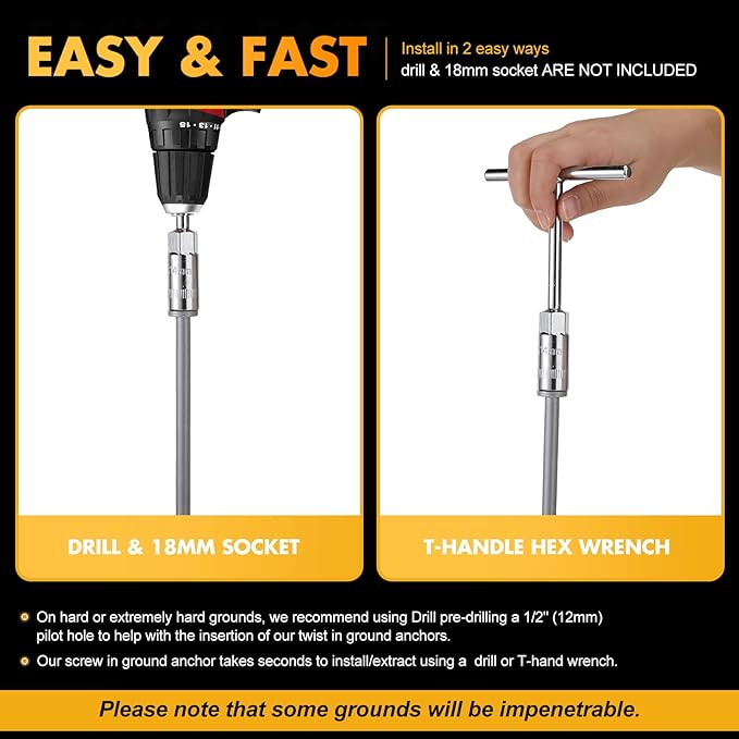 Hiboom Ground Anchor Screw Heavy Duty Earth Anchors Tent Stakes for High Wind with T Handle Hex Wrench Trampoline Hook Ground Stakes for Camping Canopies Car Ports Sheds