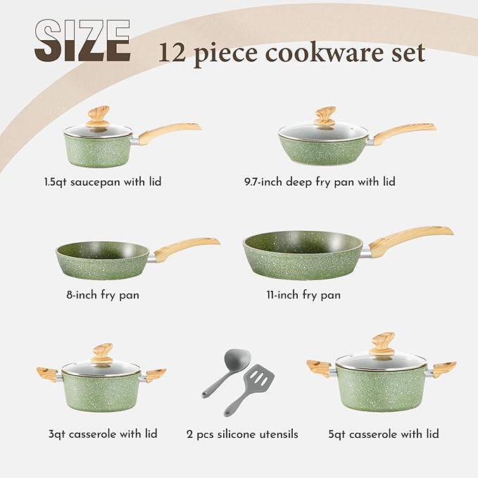 Kitchen Academy Non Toxic Pots and Pans Set Non Stick - 12 Piece Induction Cookware Sets, Green Granite Nonstick Cooking Pot and Pan Set, PFOA&PFOS Free