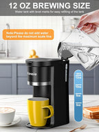 Slim Single Serve Coffee Maker, Fast Brew for K-Cup & Ground Coffee Small One Cup Coffee Maker, 6-12 Oz Brew Sizes, Coffee Machine with Descaling Reminder and Water Window,Black