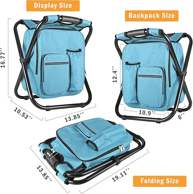Kikerike Backpack Stool Cooler Chair Heavy Duty 400 LBS Max Load Portable Lightweight Folding Fishing Cooler for Camping Hunting Fishing - Sky Blue