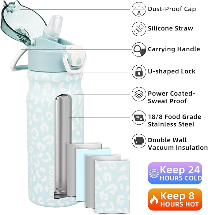 BJPKPK Insulated Water Bottle 18oz Stainless Steel Water Bottles With Straw And Carry Handle Double Wall Metal Thermo,Light Blue Leopard