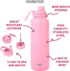 40 Oz Water Bottle with Straw Stainless Steel Sports Water Bottle with 3 Lids (Straw, Chug and Flip Lid) Insulated Leak Proof Metal Jug for Men & Women - Pink