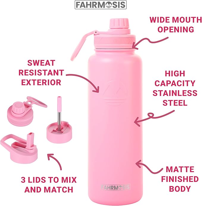 40 Oz Water Bottle with Straw Stainless Steel Sports Water Bottle with 3 Lids (Straw, Chug and Flip Lid) Insulated Leak Proof Metal Jug for Men & Women - Pink