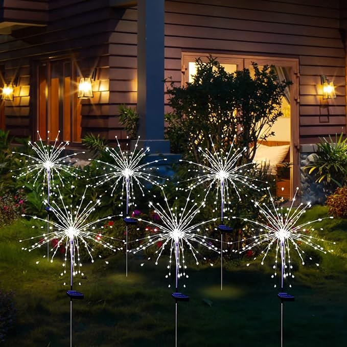 Solar Garden Firework Lights Outdoor Waterproof, 6 Pack Solar Powered Art Stake Twinkle Lighting for Outside Decor, 120 LED Sparklers String Lights for Yard Pathway Decorations(White)