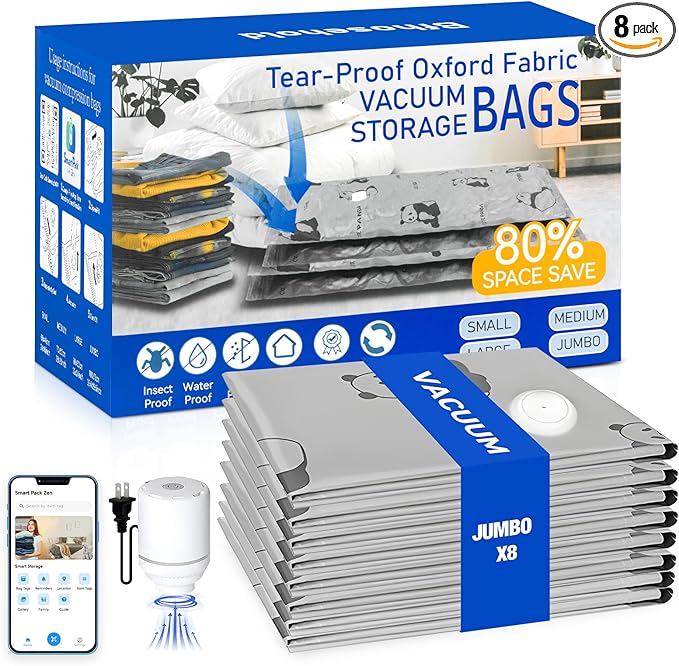 8 Pack Tear-Proof Jumbo Vacuum Storage Bags with Pump, Oxford Fabric Reusable Space Saver Extra Large Vacuum Seal Bags for Clothing, Bedding, Travel Luggage, Blankets and Comforters