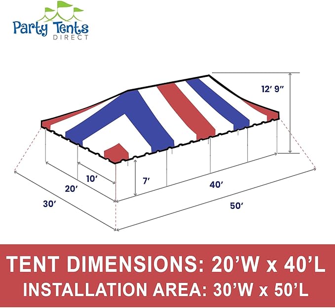 Party Tents Direct 20'x40' Weekender Canopy Pole Tent - Easy Up Canopy Tent with 160 Person Capacity - Outdoor Canopies for Parties, Weddings, & Events (Red White and Blue Top)