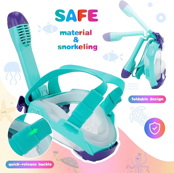 Full Face Snorkel Mask for Kids 4-16, 180 Degree Panoramic View Snorkeling Set Anti-Fog Anti-Leak, Foldable Dry Top Snorkeling Gear for Kids