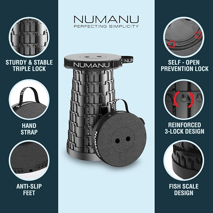 NUMANU 2PK 2026 Upgraded Collapsible Stool, Max 620lbs, 18" H Adjustable Portable Folding Stool for Adults, Retractable Foldable Telescopic Seat Camping Chair or Footrest