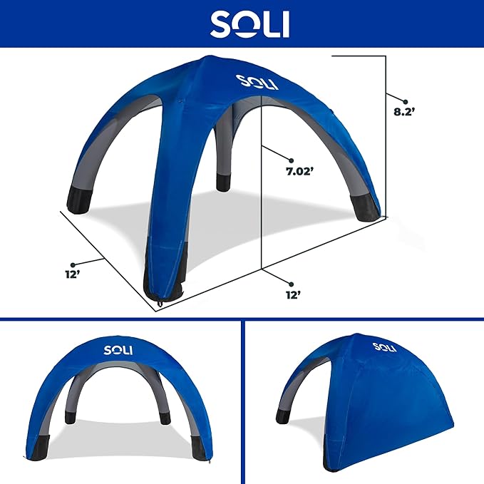 SOLI: Air Canopy 12' - Ultra Marine Blue - Outdoor & Beach Self-Inflating Sun Tent, Shade Wall, UPF 50+, Pump-Stakes, Lightweight & Portable, Backpack