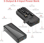 Portable Charger with Built in Cable and Wall Plug 50000mAh PD30W Fast Charging Solar Power Bank with 5 Output & 2 Input Dual LED Flashlights Phone Holder External Battery Pack (Black)