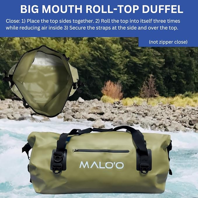 Malo’o Waterproof Dry Duffel, Heavy-Duty Roll Top Waterproof Gear Bag with Shoulder Strap & Molle Loops, Marine Duffel for Kayaking, Boating, Camping, Beach & Travel, Dark Green, 60L