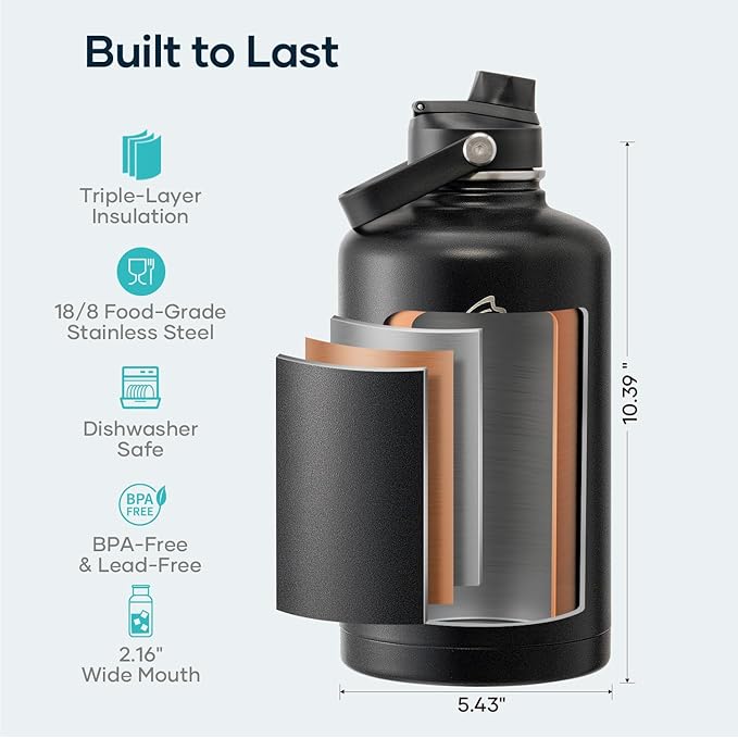 BUZIO Vacuum Insulated Stainless Steel Water Bottle 87oz (Cold for 48 Hrs/Hot for 24 Hrs) Half Gallon BPA Free Double Wall Travel Mug/Flask for Outdoor Sports Hiking, Camping, Running, Black