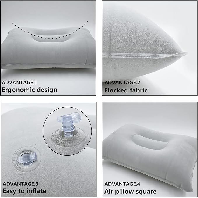 3 Pack Ultralight Inflatable Pillow Small Squared Flocked Fabric Air Pillow for Hiking,Camping,Traveling,Napping,Desk Rest, Beach Pillow Neck Lumbar Support(Gray)
