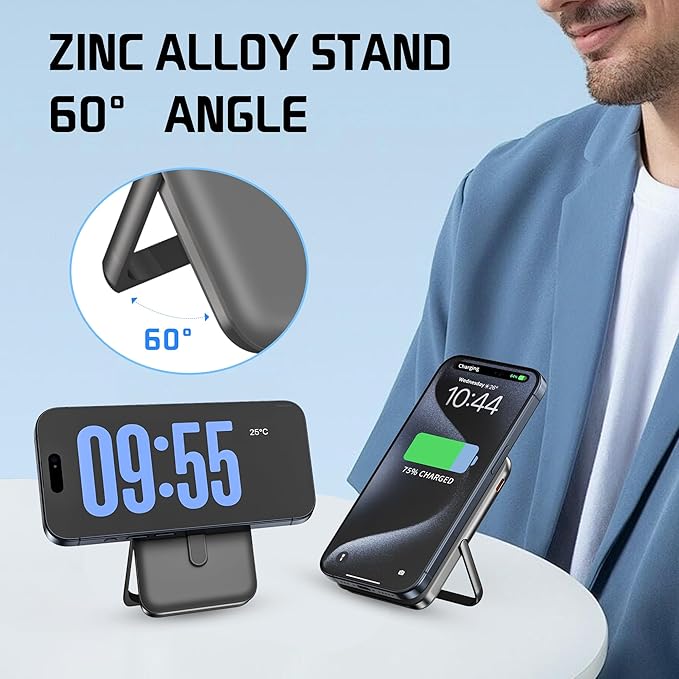 EKR for Magsafe Portable Charger,10000mAh PD20W Magnetic Wireless Power Bank,Fast Charging Battery Pack with Zinc Alloy Stand,Compatible with iPhone 16/15/14/13/12 Series,Samsung Android Series B