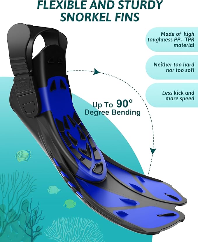 Mask Fins Snorkeling Gear for Adults, Full Face Snorkel Mask & Adjustable Swim Fins Snorkel Set, Panoramic View Snorkel Mask Dry Top Anti-Fog Anti-Leak