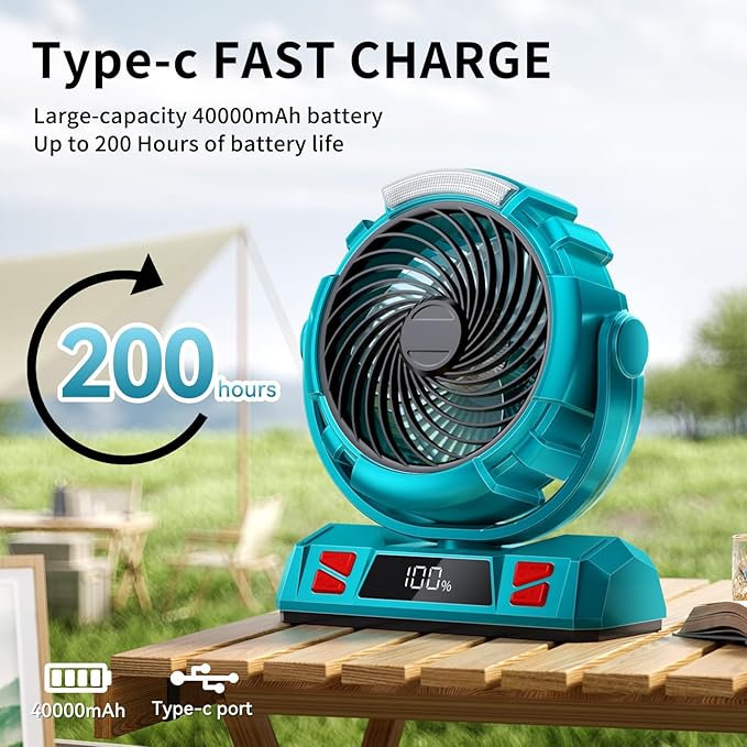 Camping LED Fan with Light, 40000mAh Rechargeable Battery Powered Outdoor Tent Fan with Light and Hook, 6 Speed, Personal USB Desk Fan for Camping, Fishing, Power Outage,Hurricane, Worksite