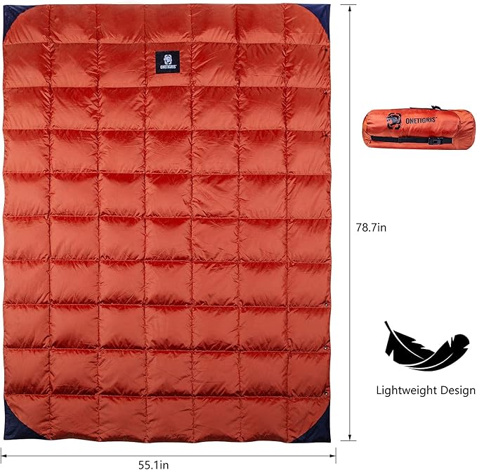 ONETIGRIS Down Camping Blanket for Cold Weather Packable Puffy Backpacking Lightweight Quilt Hiking Gardening Travel Beach Picnic (Orange)