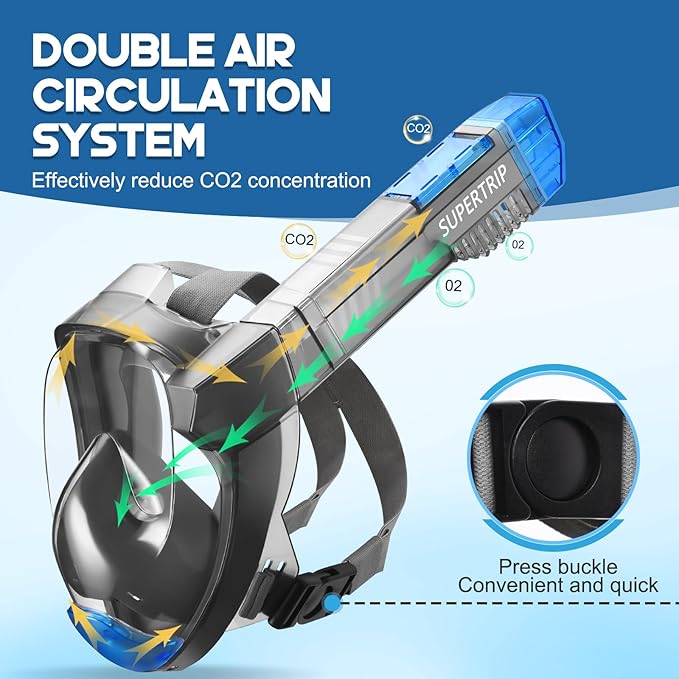 Supertrip Full Face Snorkel Mask Adults, Snorkeling Gear for Adults with Shorten Breathing Distance, Snorkel Mask for 180°Panoramic View Camera Mount Advanced Breathing System, Anti-Fog Anti-Leak