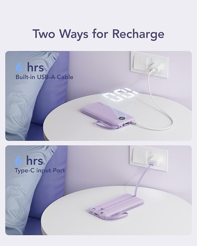 VRURC Portable Charger Power Bank, 10000mAh Travel Essentials Battery Pack, 5 Outputs 2 Inputs Slim Charging Bank Built-in Cables Cords Wires Compatible with iPhone,Samsung,Android-Lavender(1 Pack)