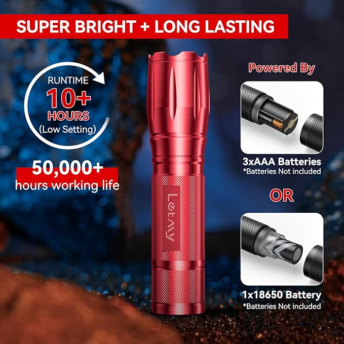LETMY Tactical Flashlight - 2 Pack Bright Military Grade Flashlights High Lumens - Portable Handheld Flash Light, 5 Modes Zoomable Waterproof Flashlights for Home Emergency Camping- Red