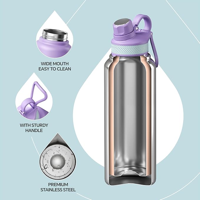 IDEUS Insulated Stainless Steel Water Bottle with 2 Leak-Proof Lids, Thermal Water Flask for Hiking Biking, 40oz, Violet