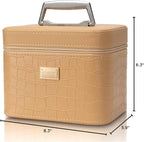 Fashion makeup box, Portable leather hard cosmetic case with mirror, Professional train case make up box for women adults. (Beige)