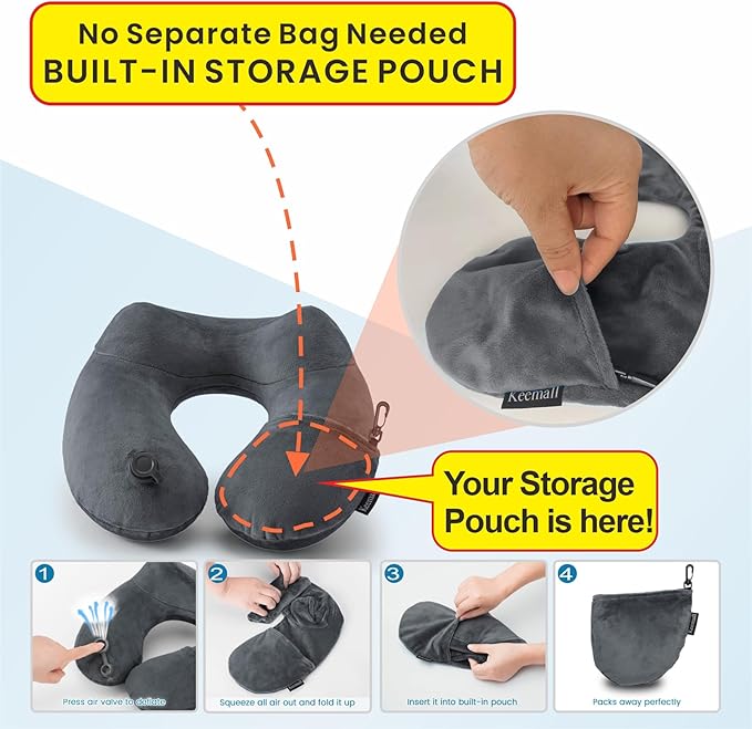 Inflatable Travel Pillows for Airplanes, Easy Blow Up Inflatable Travel Neck Pillows for Air Travel Sleeping Long Flight, Comfort Travel Air Pillows for Car Train Office Nap Camping