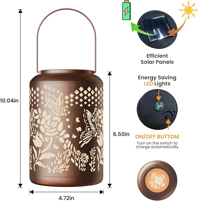 Waterproof Solar Lanterns - Butterfly & Rose Outdoor Lantern Gifts for Women Decorative Hanging LED Lights for Garden, Patio, Yard, Tabletop Auto On/Off Energy Efficient Warm Glow