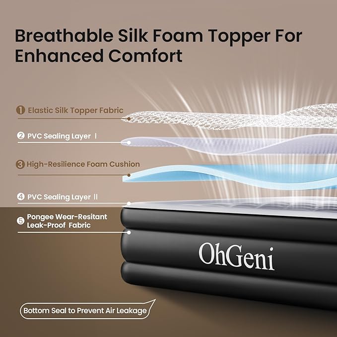 OhGeni 20" Luxury Queen Air Mattress with Built-in Pump, Inflatable Bed with Silk Foam Topper for Superior Comfort, Premium Blow-Up Mattress for Home, Camping & Guest, Easy Setup, Extra Support, Black
