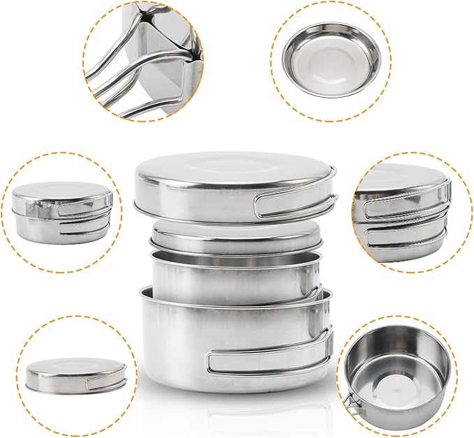 Camping Cookware Mess Kit, 8PCS Stainless Steel Cooking Pot and Pan Set with Plates Cups for Outdoor Camping Hiking Backpacking Lightweight Backpacking Cook Set Stainless Steel Cookware Kit