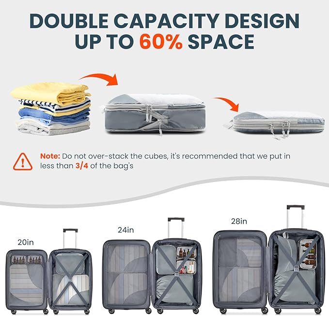 10 Set Compression Packing Cubes, Lightweight Travel Essentials, Stretchable Expandable Storage Bags, Compression Bags for Travel Accessories Luggage Storage Set (10 Pcs, Grey)