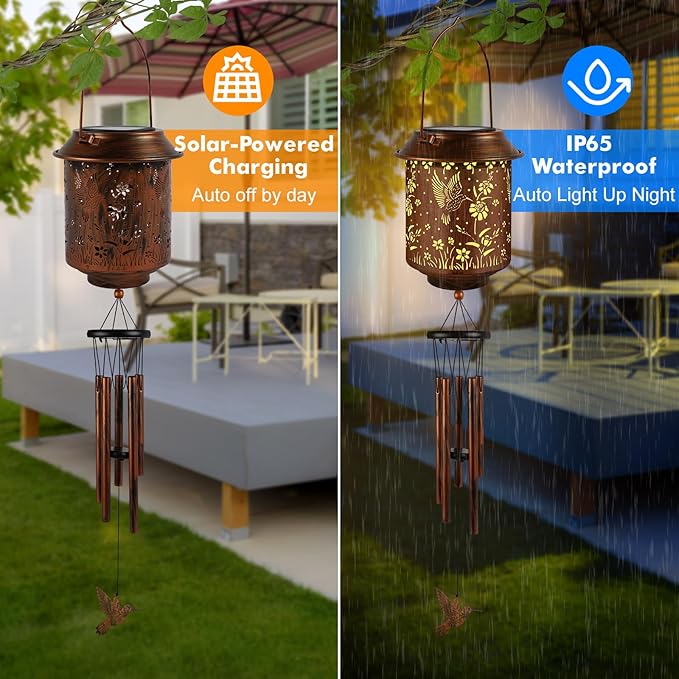 Solar Lanterns with Wind Chimes - Garden Decor Set Includes Greeting Card & Gift Wrap Paper, Patio Yard Birthday Gifts for Women, Solar Lanterns Outdoor Waterproof (Hummingbird)