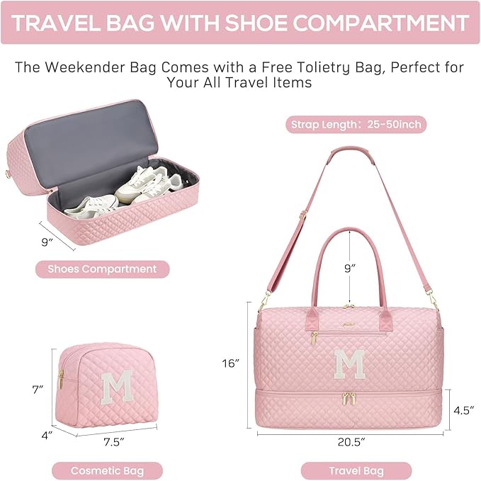 Letter Weekender Bags for Womens - Duffle Bag with Shoe Compartment Personalized Overnight Bag with Toiletry Bag Duffel Bags for Gym Hospital Bags Gift for Women Pink (Letter M)