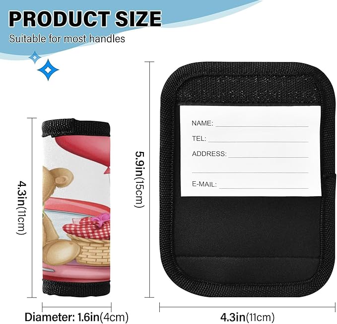 2 Pack Valentines Bear Luggage Handle Wrap, Detachable Luggage Tag, Neoprene Suitcase Wrap with Comfort Grip & Bright Identifier for Suitcase, Travel Bag, Sports Bag