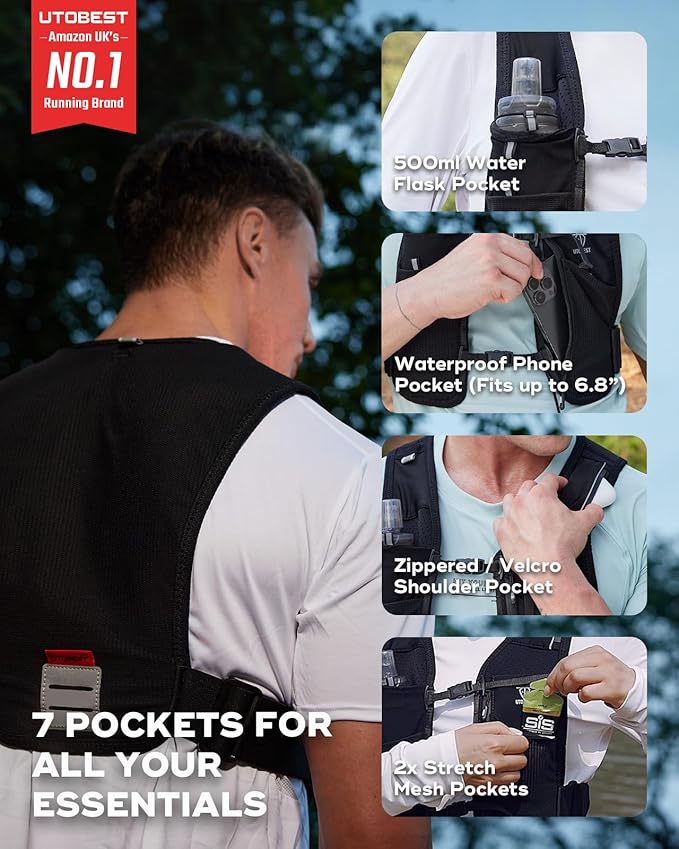 UTOBEST Running Vest for Women Men, Reflective Hydration Vest with 500ml Soft Water Bottle, 5L Phone Holder with Adjustable Belt & Ample Storage