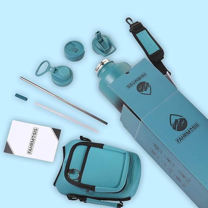 64 Oz Insulated Water Bottle with Strap Stainless Steel Sports Water Bottle with 3 Lids (Straw, Chug and Flip Lid) Leak Proof Metal Half Gallon Jug for Men & Women - Indigo Green