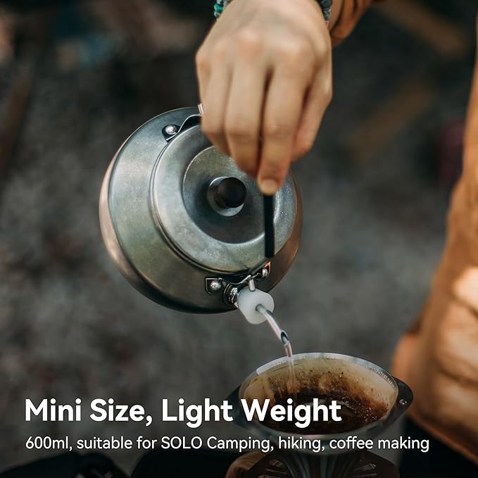 0.6 Liter Lightweight Stainless Steel Camping Kettle Portable Camp Tea Pot, Outdoor Campfire Use, Retro Silver