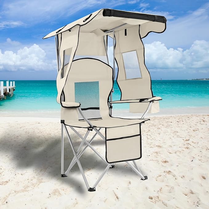 PLKO Camping Chairs with Canopy, Portable Quad Lawn Chair for Adults, Folding Recliner Chair with Cup Holder Outdoor Events and Shade- Support 330 LBS