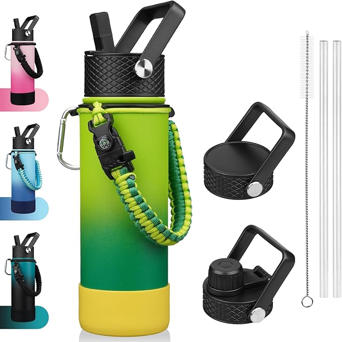 BJPKPK Insulated Water Bottle with Straw Lid, 22oz Thermo Water Bottles with 3 Lids, Paracord Handle & Non-slip Boot, BPA Free Leak Proof Stainless Steel Tumblers,Bamboo Grove